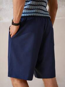 Airaco Pantalones cortos de hombre de verano, de uso diario y casual, de unicolor, con cordón en la cintura, bolsillos en diagonal y costuras delanteras - Azul Marino - Ver 2