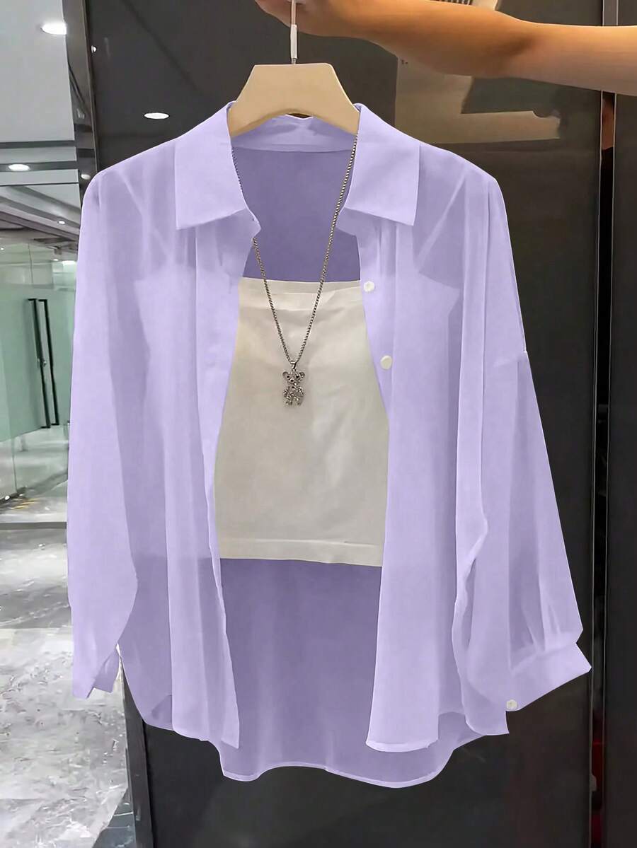Franclia Camisa básica de cuello abatido, transparente, de unicolor y estilo minimalista - Púrpura malva - Ver 1