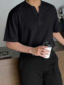 DAZY Short Sleeve Notch V-Neck T-Shirt - Black - View 6