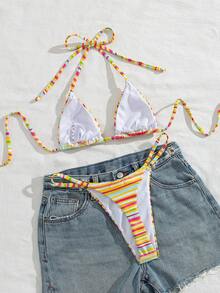 Swim SXY Dopamine Retro Style Sexy Tropical Rainbow Striped Print Halter Neck Triangle Cup Back Tie Top Spaghetti Strap Triangle Bottoms Summer Beach Vacation - Multicolor - View 6
