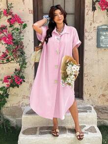 Vionelle Plus Size Loose Fit Slimming Striped Shirt Dress - Pink - View 6