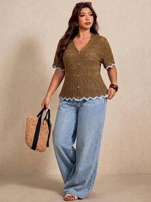 Elaquor Plus Size Contrast Trim Short Sleeve Hollow Out Knit Cardigan Fall - Rust Brown - View 6