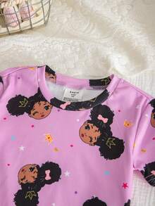 SHEIN Set de camiseta de cuello redondo y pantalones cortos ajustados de unicolor con diseño lindo de niña, conjunto de ropa de estar en casa para niña joven - Multicolor - Ver 3