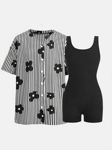 SHEIN Tween女孩春夏新款黑白配色寬鬆休閒簡約舒適百搭翻領純色花卉條紋圖案襯衫無袖款與黑色純色百搭休閒運動連身褲2件套，街頭風運動休閒，返校季 - 黑與白 - 查看 5