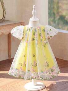 SHEIN Glamorique Kids Prinzessinnenkleid für Baby Mädchen, besticktes Tüllkleid, Geburtstagsfeier, Hochzeits- und Feiertagsrobe, Puffärmel, Partykleidung, Abschlussballkleider, Abschlusskleider, Sommerkleid - Gelb - Übersicht 5