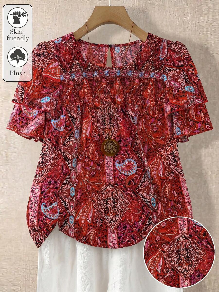 Linhara Plus Size Women's Solid Color Round Neck Double Layer Sleeve Short Sleeve Casual Boho Shirt, Pleated Summer Holiday Top Vacation Club Tops Pink - Multicolor - View 1