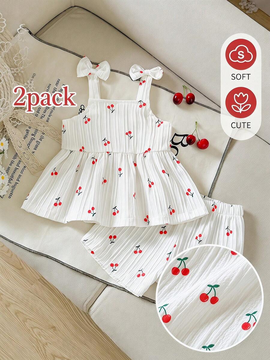 SHEIN 2件套女婴幼儿/新生儿0-3岁休闲日常可爱度假条纹蝴蝶结装饰吊带背心+短裤套装,春夏款 - 白色 - 查看 1