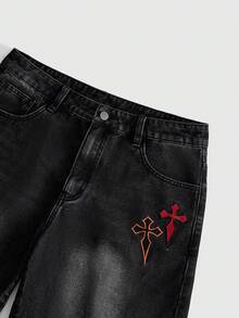 ROMWE MEN Men's Pocket Button Cross Embroidery Denim Shorts - Black - View 3