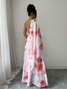 Selianne 春夏透視印花不對稱領披肩設計A字長裙，粉色浪漫重工刺繡雙層薄紗印花婚禮季輕盈正式禮服，精緻優雅度假無袖平口女款長洋裝 - 粉色 - 查看 2