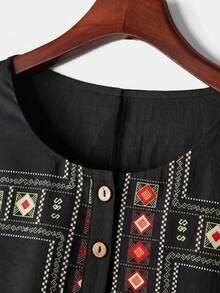 Rusticease Plus Size Vacation Casual Geometric Print Shirt - Black - View 8