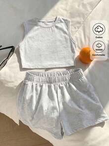 Comfortcana Conjunto de 2 piezas de camiseta de tirantes de cuello redondo casual gris y shorts de cintura elástica para mujer, de verano - Gris Claro - Ver 4