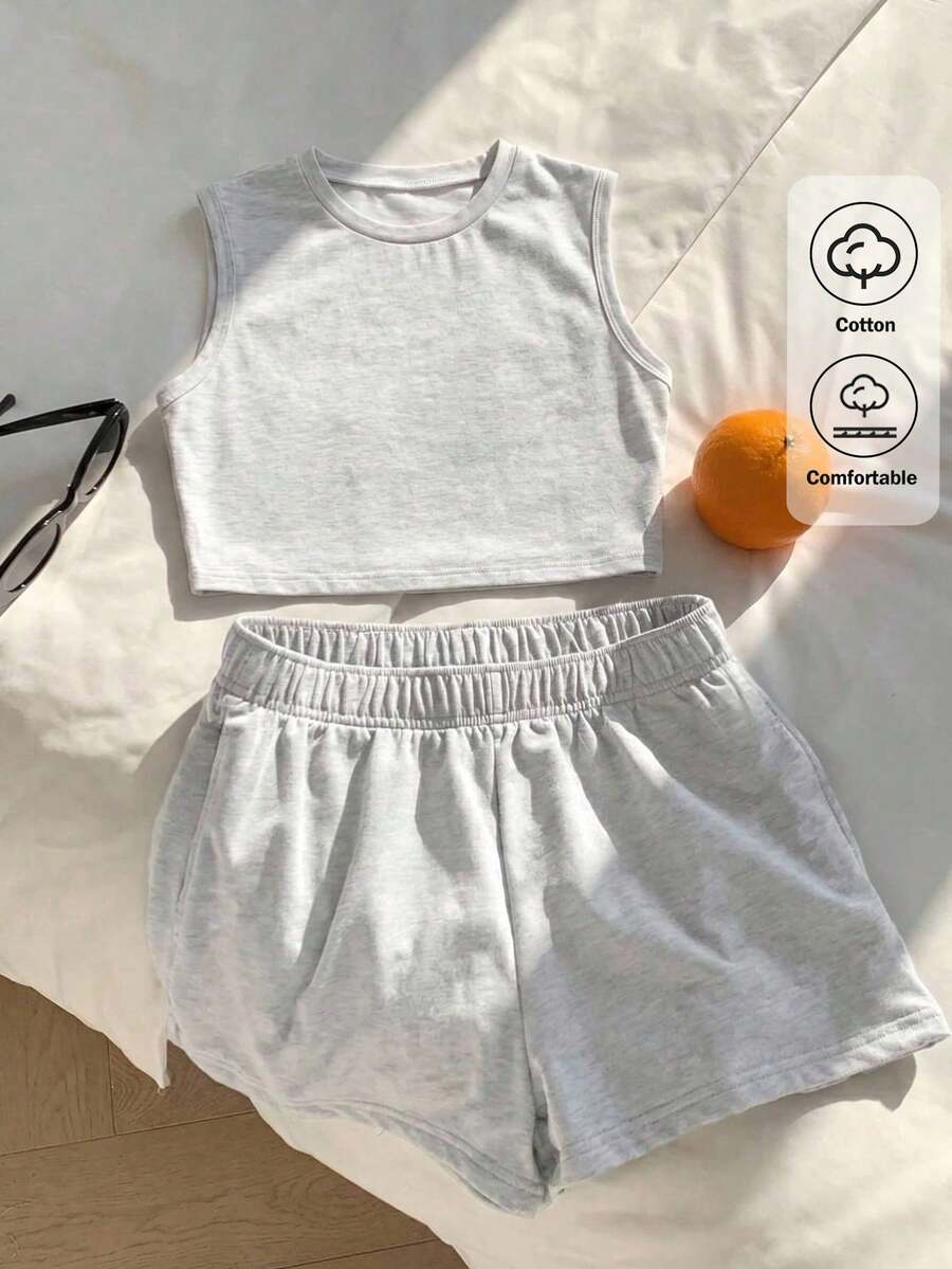 Comfortcana Women's Grey Casual Round Neck Camisole And Elastic Waist Shorts 2 Pieces Set, Summer - Light Grey - View 1