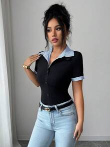 SHEIN PETITE Hot-Selling Blue And White Striped Shirt Collar Patchwork Black Knit Placket Button Decor Short Sleeve Cuff Patchwork Blue And White Striped Knit T-Shirt - Black - View 5