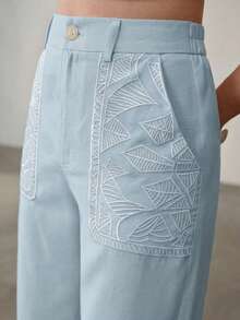MOTF PREMIUM WOMEN'S RHOMBUS EMBROIDERED STRAIGHT LEG PANTS - Blue - View 4