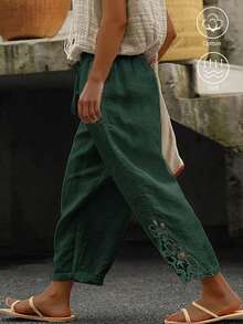 SHEIN LUNE CURVE Pantalones largos casuales de lino con patchwork y ribete de encaje bordado para tallas grandes - Verde Oscuro - Ver 1