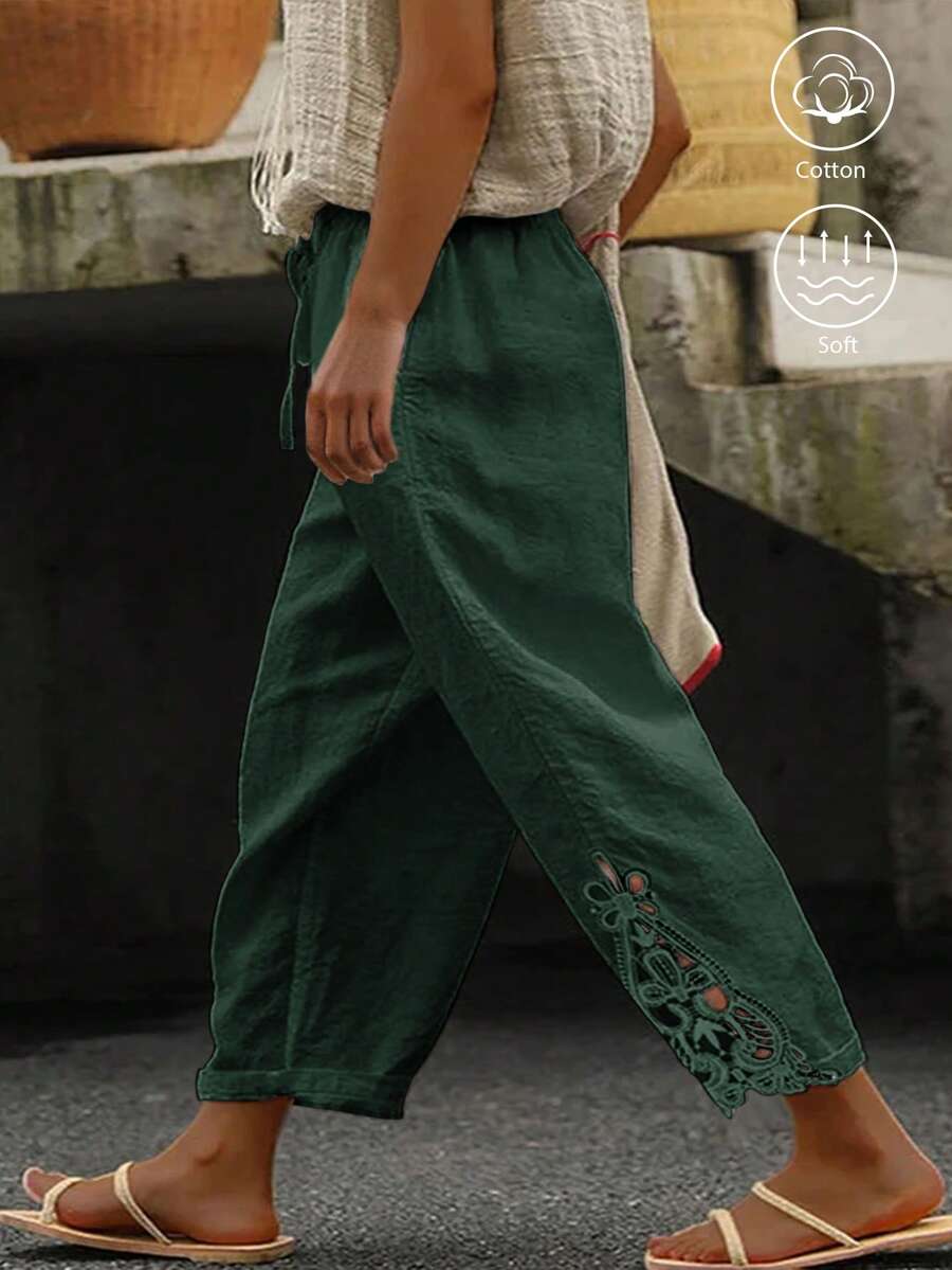 SHEIN LUNE CURVE Pantalones largos casuales de lino con patchwork y ribete de encaje bordado para tallas grandes - Verde Oscuro - Ver 1