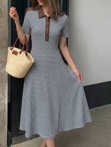 Modelyn 女款春夏針織紋理條紋拼接棕色立領短袖收腰A字優雅浪漫中長洋裝 - 彩色 - 查看 4