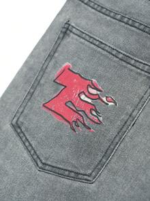 Manfinity Denimwave Pantalones cortos de mezclilla gris lavada con estampado de ángel gótico estilo callejero americano para hombres - Gris - Ver 4