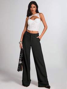 SHEIN PETITE CURVE Plus Size Versatile Solid Color Wide Leg Pants, Suitable For Commuting - Black - View 5