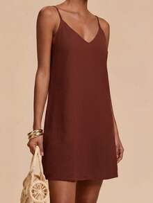 Travachic Elegante vestido mini con tirantes de espagueti - Marrón - Ver 3