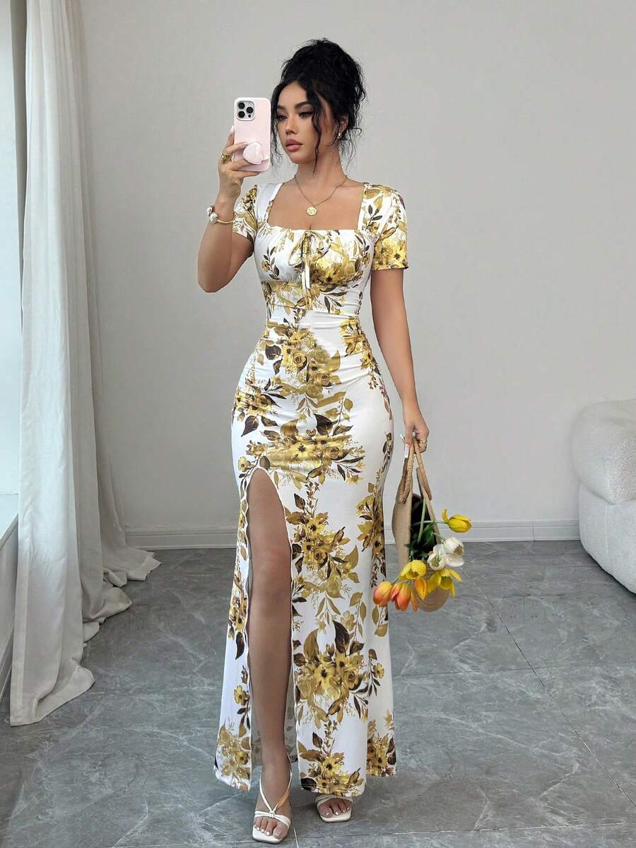 Rafferiza 女士夏季短袖连衣裙,数码印花度假连衣裙,沙滩度假连衣裙,开衩下摆,腰部褶皱长裙 - Butter Yellow - 查看 1