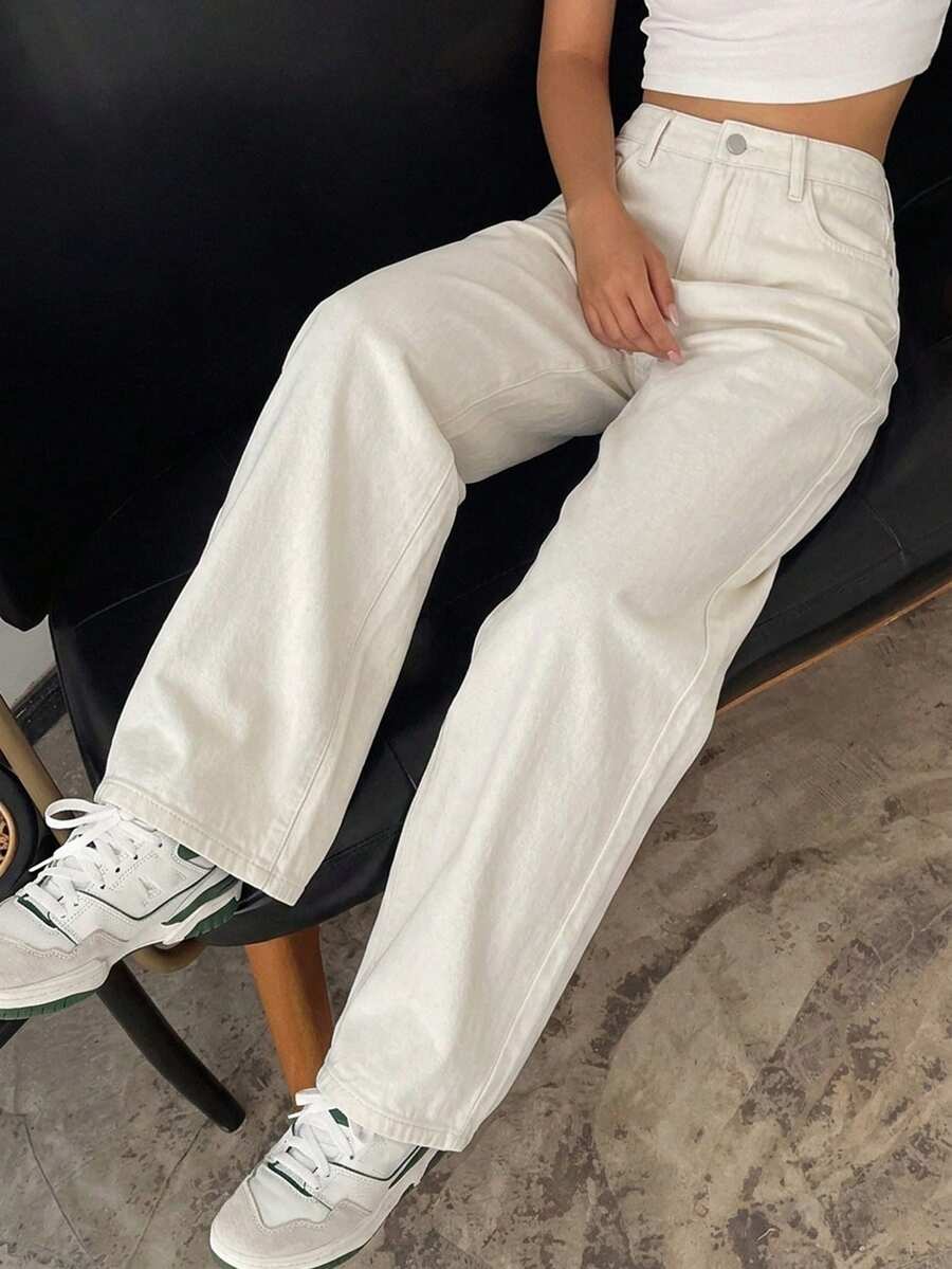 DAZY Casual Versatile Solid Color Straight Leg Denim Jeans - White - View 1