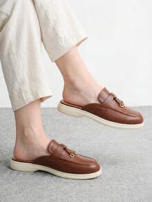 CUCCOO BIZCHIC Women's Fashion Brown Suede Classic Simple Tassel Metal Buckle Mules Love Slippers For Commuting, Dating, Parties, Holidays, Spring Shoes - Brown - View 3