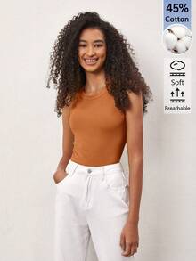 SHEIN BASICS 女款素色圓領螺紋休閒百搭背心上衣 - 鏽棕色 - 查看 8