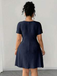 Elenzga Plus Size Fitted Slimming Fashion Yellow Jacquard Dress - Blue - View 2