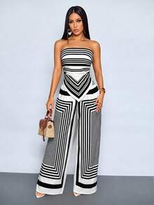 SOLERSUN 2件組女款春夏日常穿搭休閒街頭風優雅抽象黑白印花短版上衣度假下裝套裝 - 黑色 - 查看 8