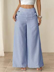 SHEIN PETITE Women's Casual Sexy Blue And White Stripe Button Decor Wide Leg Pants,Petite Women Beach Autumn - Blue and White - View 7