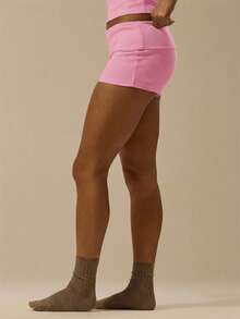 MUSERA ESSENTIALS Rib Fold Over Waist Mini Shorts Basic Spring Summer Vacation Holiday  Pants - Baby Pink - View 4