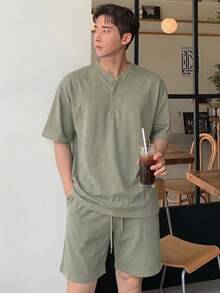 DAZY Men's Summer Half-Open Collar Green Short Sleeve Solid Color 2 Pieces Set - Green - View 4