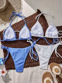 Swim Vcay 女士夏季沙滩度假纯色纹理面料露背系带开衩比基尼套装 - 彩色 - 查看 2