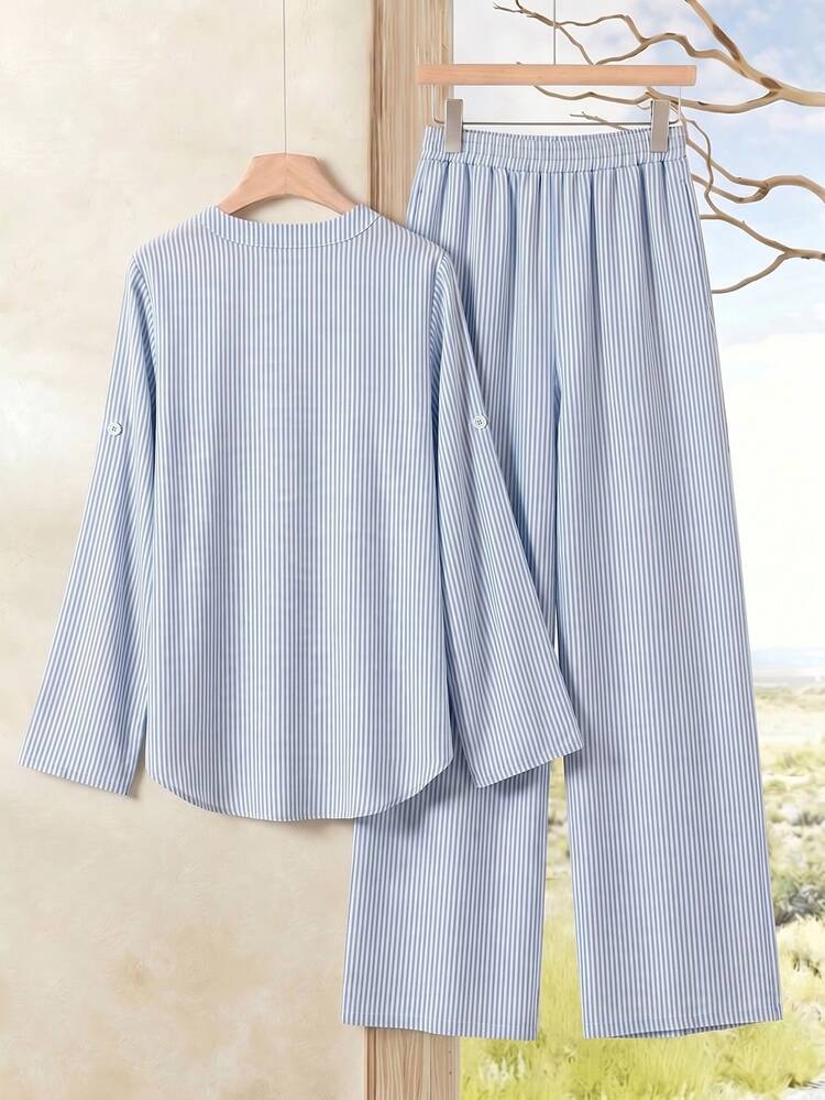 Rusticease Women's Casual Shirt And Long Pants 2 Pieces Set, Striped Outfit, Women's Casual Wear - Multicolor - View 2