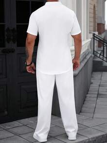 Manfinity Homme Men's Two Pieces Suit,White,Summer,Casual,Vacation,Linen Blend Short Sleeve Stand Collar Henley Shirt And Long Pants Set,Old Money Style Beach Outfits - White - View 3