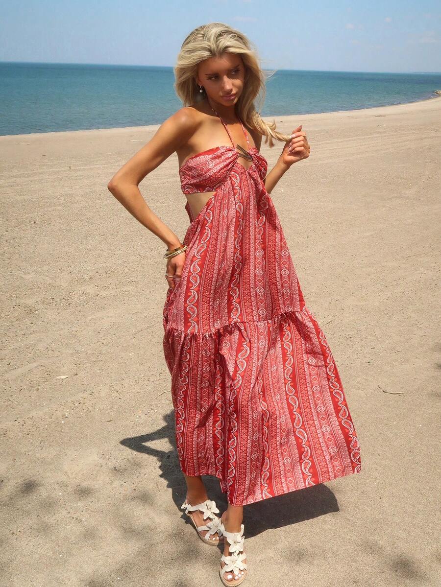 Sydney Algeri Vestido Elegante de Fiesta con Estampado de Vacaciones, Espalda Descubierta y Halter - Multicolor - Ver 1