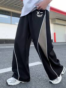 SHEIN 兒童青少年男孩直筒寬鬆拼色拼接運動長褲，柔軟舒適褲，男孩套裝兒童套裝，適合春/夏、情人節、夏季穿搭、海邊週末、家庭聚會、開學季、婚禮季、運動、生日派對 - 彩色 - 查看 4
