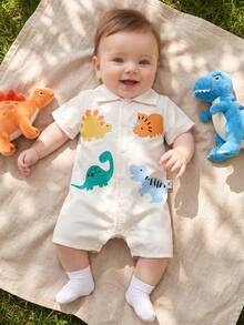SHEIN Vintaside Kids Bộ romper bé trai tay ngắn cổ bẻ họa tiết động vật dễ thương màu mơ, mở phía trước, romper cổ bẻ mùa hè cho bé, phù hợp cho mùa xuân và mùa hè, phù hợp cho 3M-24M - Màu be - Xem 3