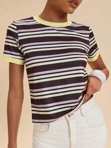 Travachic T-shirt d'été à rayures et blocs de couleurs, col rond, manches courtes, coupe droite, polyvalent - Multicolore - Voir 1