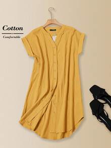 EMERY ROSE Vestido mini de un solo pecho con cuello en V de unicolor de moda para citas y fiestas, vestidos de mujer mostaza, vestidos casuales de verano de 100% algodón, vestidos de verano de mujer, ropa de 100% algodón, vestidos de lino para mujer, atuendos de verano para mujer, vestidos casuales para mujer, ropa de resort, vestidos de vacaciones casuales para mujer - Amarillo - Ver 6