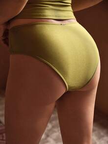MOTF PREMIUM WOMEN'S GREEN HIGH-STRETCH PEARLESCENT FABRIC SWIM BOTTOMS WITH FRONT METAL TEXTURE BUCKLE DECOR, CASUAL VACATION BEACH PARTY STYLE - Green - View 3