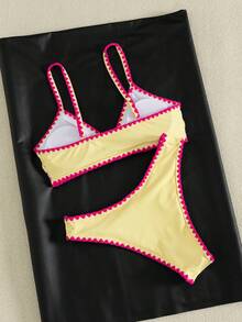 Swim Mod Conjunto de Bikini de Triángulo de 2 Piezas unicolor Nuevo de Verano con Tirantes Ajustables y Adorno de Concha de Cintura Baja para Mujeres - Multicolor - Ver 2