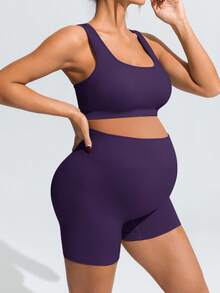 SHEIN Maternity Summer Solid Color Elastic Breathable Sports Bra And Shorts Set - Purple - View 9