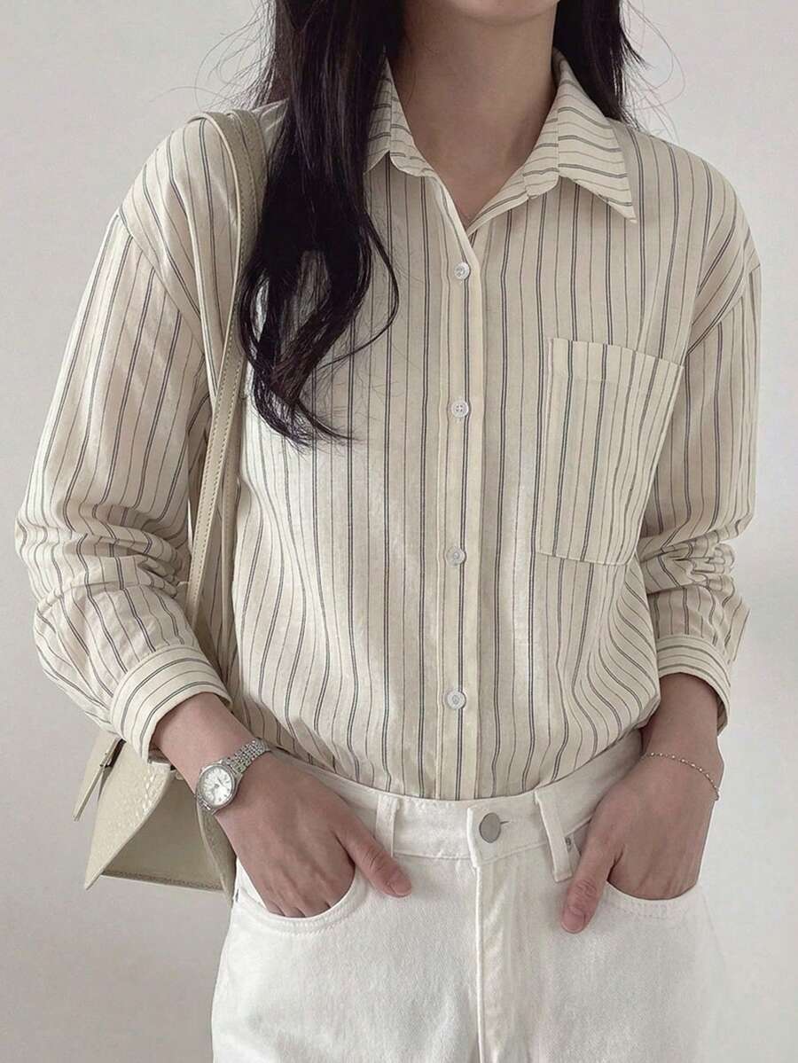 DAZY 女款條紋單排扣口袋休閒長袖襯衫 - 杏色 - 查看 1
