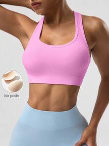 Seamluxe SHEIN Sport Women's Solid Color Sleeveless Cropped Sports Tight Yoga Racerback Tank Top - Pink - View 3
