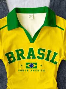 限時優惠：買一送一，復古時尚綠色字母BRAZIL、鮮豔陽光黃、金色星芒、黃金海岸、對比領條紋運動風，青少年女孩皇家藍白色領針織休閒對比色拼接修身腰部T恤上衣2件組 - 彩色 - 查看 6