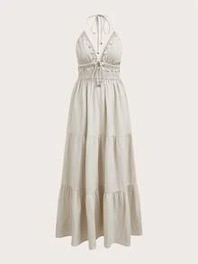 SHEIN EZwear 米色編織吊飾露背掛脖洋裝，海灘度假夏季波希米亞風 - 杏色 - 查看 5