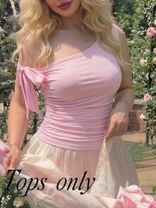 SHEIN MOD 大尺碼女款夏季休閒純色不對稱領口綁帶上衣 - 粉色 - 查看 1