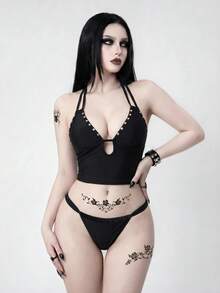 ROMWE 26SS Spring/Summer Solid Color Studded Cut-Out Tank Top Women's Swimsuit Set 2pcs Beach Party Black Goth Sexy - Black - View 1